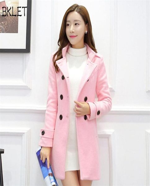 

2018 winter new korean office lady lapel woolen coat women clothing long slim doublebreasted pink blue elegant woolen coat2106623, Black