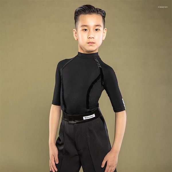 

stage wear latin dance shirt boys high collar mid-sleeve practice clothing competition cha rumba ballroom tango bl5768211h, Black;red