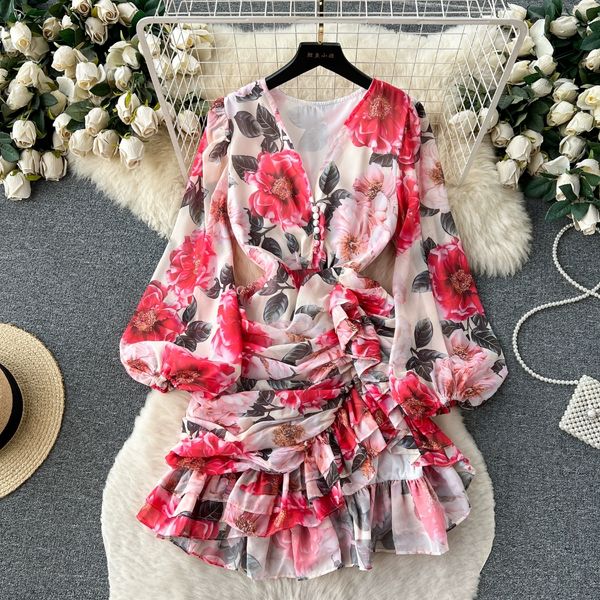 

european and american style floral dress summer bubble sleeve pleats irregular design niche and unique short skirt, Black;gray