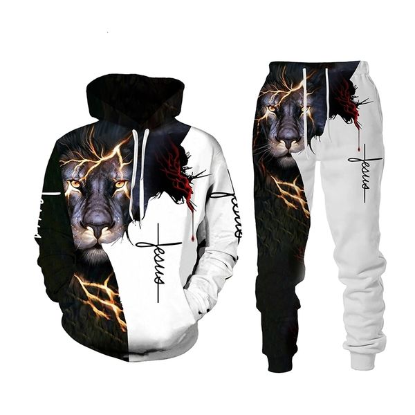 

men's hoodies sweatshirts autumn winter fashion men women long sleeve lion 3d printed jesus hoodie sweatshirt and pants casual clothing, Black