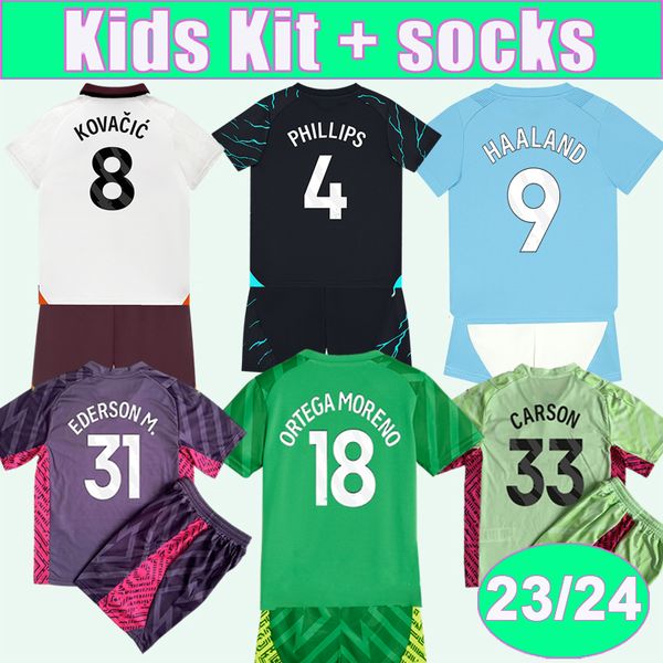 

2023 24 de bruyne grealish kids kit soccer jerseys goalkeeper bernardo joao cancelo mahrez home away 3rd child suit football shirts, Black