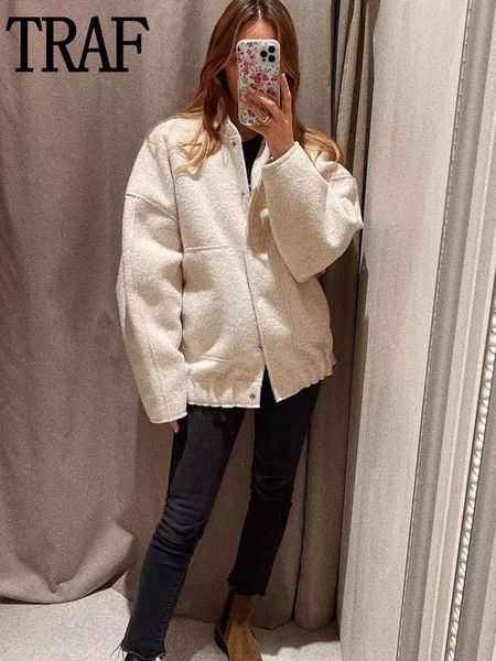 

men's hoodies sweatshirts traf women's bomber jacket y2k streetwear in outerwears tweed jacket for women button faux wool and blen, Black