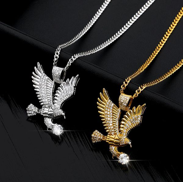 

gold color eagle pendant necklace men stainless steel charm chain necklaces punk zircon rapper choker hip hop jewelry gift2935179, Silver