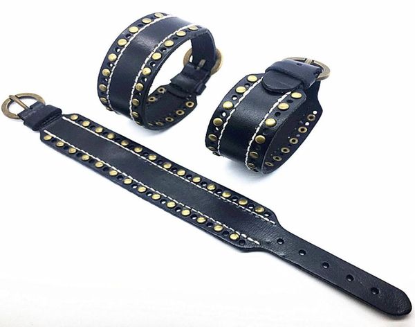 

whole 10pcslot men039s bracelets black genuine leather handmade studded bracelet punk style fashion jewelry4348564, Golden;silver