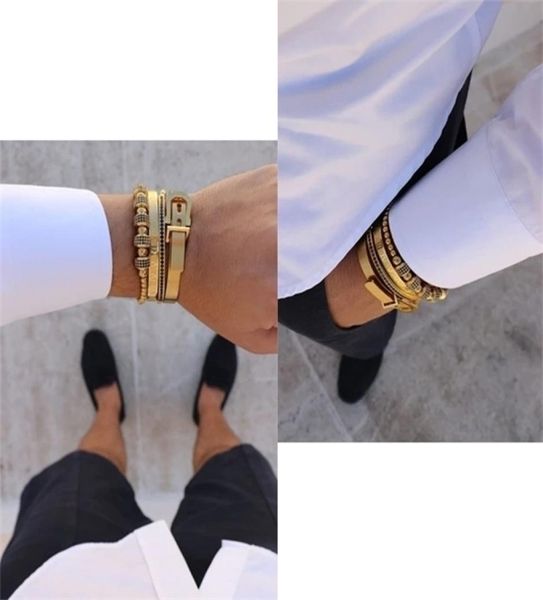 

men bracelets 4pcsset titanium steel roman numeral bracelet horseshoe buckle bangles luxury handmade jewelry gift8670092, Golden;silver