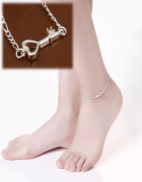 

heart key lock charms anklet 925 sterling silver jewelry silver plated 10inch foot chain inlaid cz zircon stone crystal fashion le1563068, Red;blue