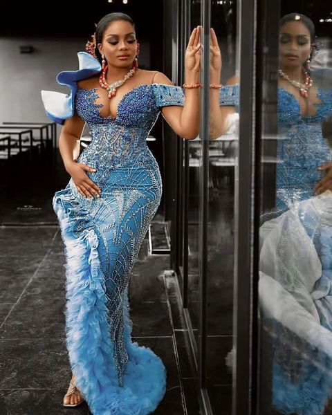 

2023 august aso ebi mermaid lace prom dress beaded crystals evening formal party second reception birthday engagement gowns dresses robe de, Black