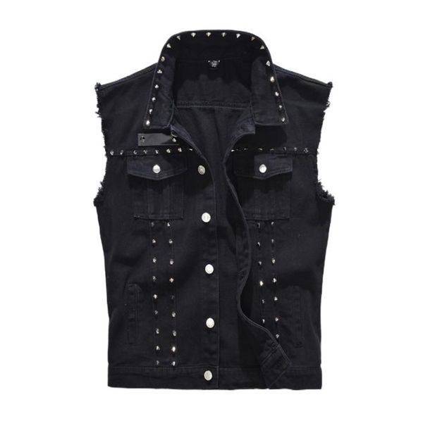 

men039s vests denim vest men punk rock rivet cowboy black jeans waistcoat 2208237287200, Black;white