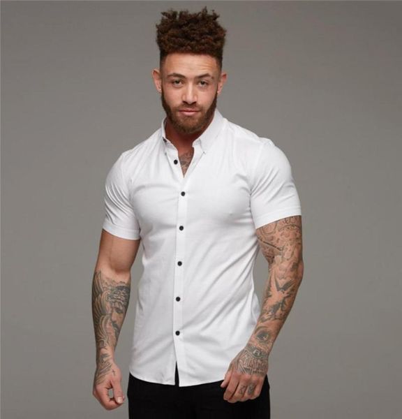

running shirt summer fashion short sleeve shirt men super slim fit male business dress men gym fitness sport clothing8064319, Black;blue
