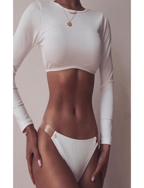 

2019 white long sleeve crop transparent strap bikini high cut swim9230101