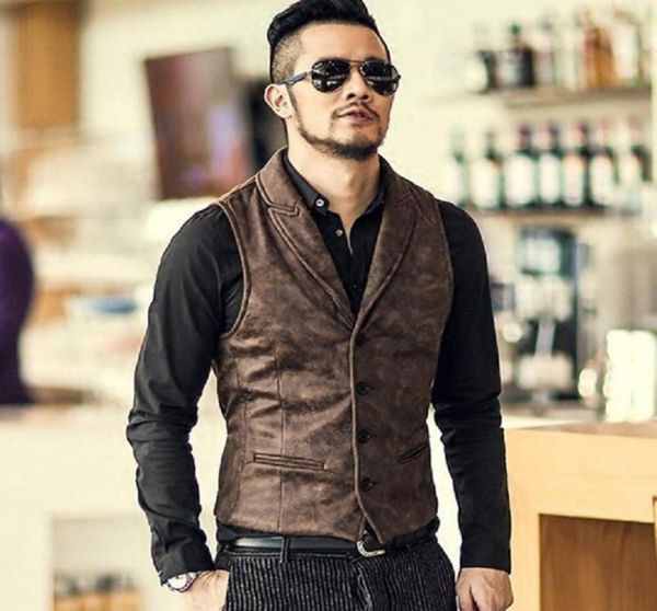 

autumn winter casual slim waistcoat for men faux leather fashion vest lapel classical vintage european style male men039s vests5178594, Black;white