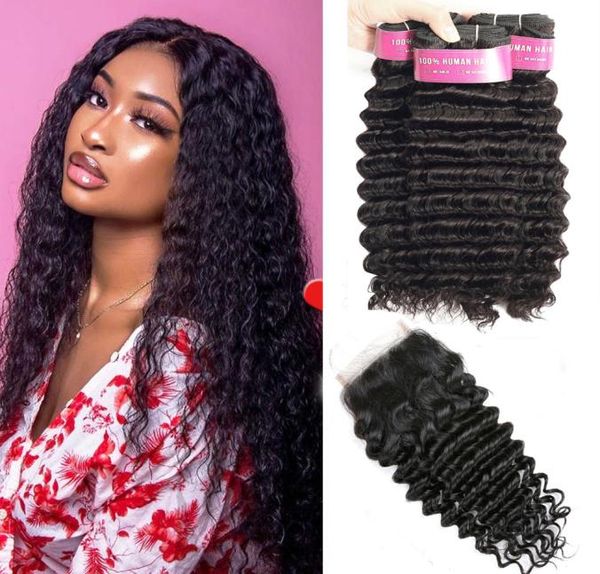 

deep wave human hair bundles with closure 3 pcslot brazilian hair weave bundles with closure non remy hair extension2567441, Black