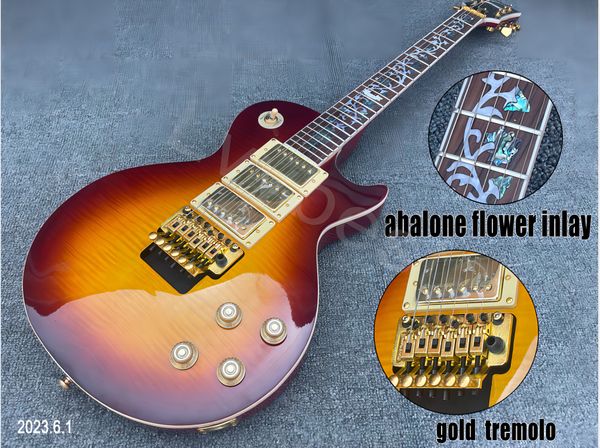 

electric guitar with hhh pickup, black cherry burst, cream cap, ring, floyd, pink style, trill lock, abalone flower, no pickup