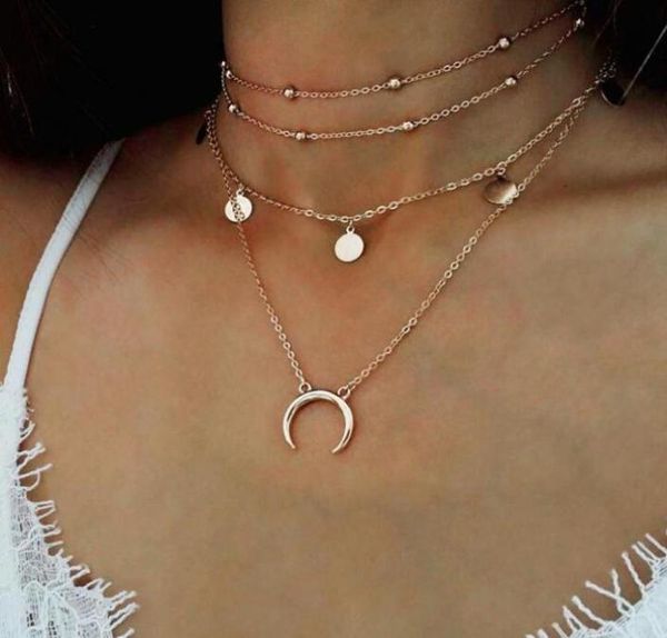 

vintage multilayer acrylic ox horn moon tattoo chokers long necklaces boho necklace bijoux handmade for women summer fashion5277585, Silver