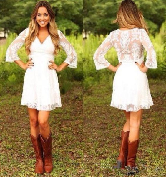 

modest short lace cowgirls country wedding dresses with 34 long sleeves mini beach bridal gowns reception dress for wedding3649851, White