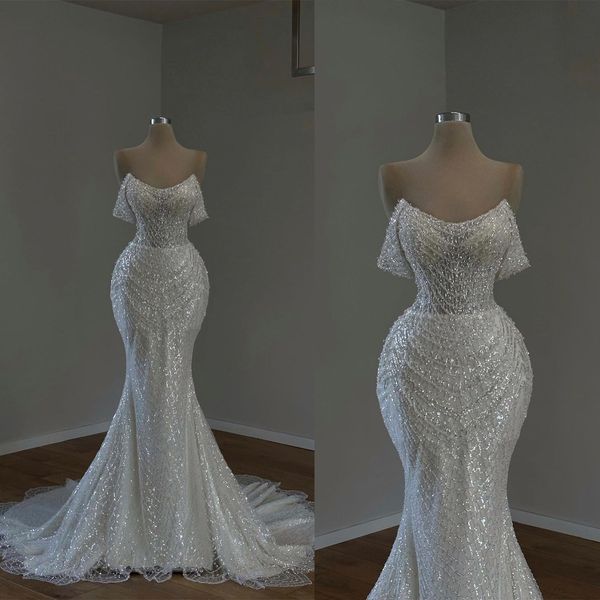 

gorgeous mermaid wedding dresses sweetheart sequins appliques lace bridal gowns lace-up back sweep train robe de mariee, White