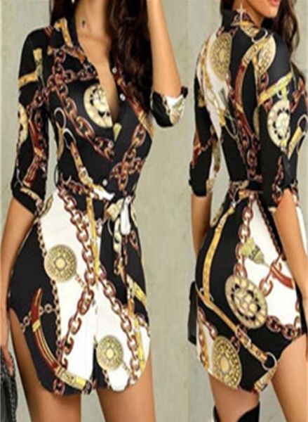 

2021 new style women039s summer long blouse fashion chain print stand collar shirt autumn casual clothes ol ladies shirts dress2939701, White