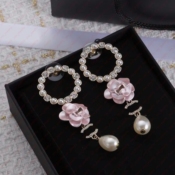 

women's earrings in the shape of pink flowers. rhinestone pearl drop luxury earrings. classic brand designer earrings for women. high e, Silver