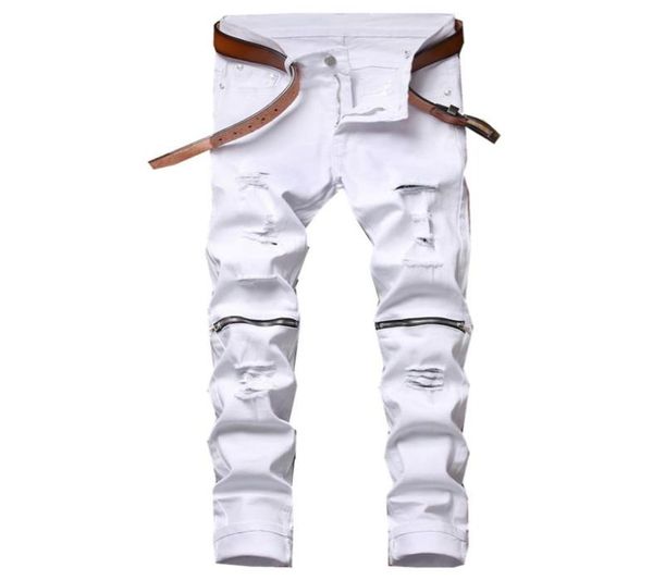 

mens white straight leg jeans knee zipper design distressed ripped holes high stretch denim pants2764382, Blue