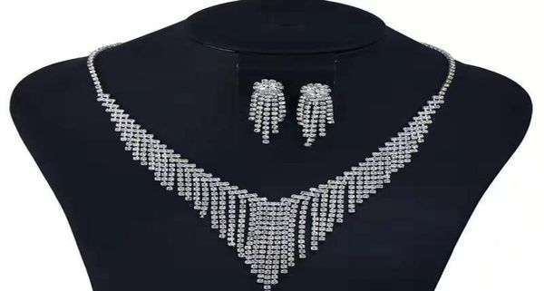 

tassel chain diamonds jewelry sets fringe dangle earrings diamonds pendant necklace women girl wedding jewelry evening dress acces5657006, Silver
