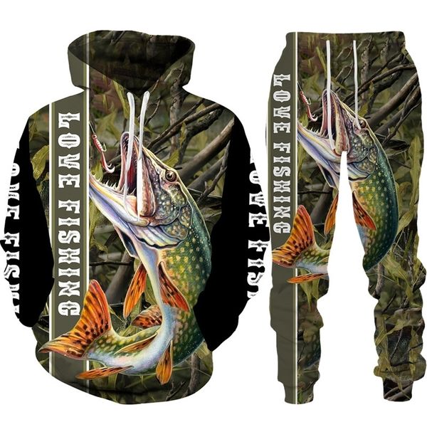 

men's tracksuits novelty 3d fish printed men women hoodie pants suit harajuku camo fishing hunting camping clothes fashion outdoor spor, Gray