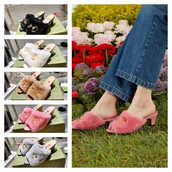

gu ci ladies high heel wool fur slippers metal buckle autumn winter dress shoes furry plush shearling slides pointed toe stiletto women part, Black