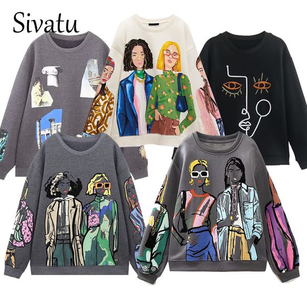 

women's hoodies sweatshirts sivatu traf women sweatshirts fashion beauty girls print casual sweatshirts female o neck hoodies chic pull, Black
