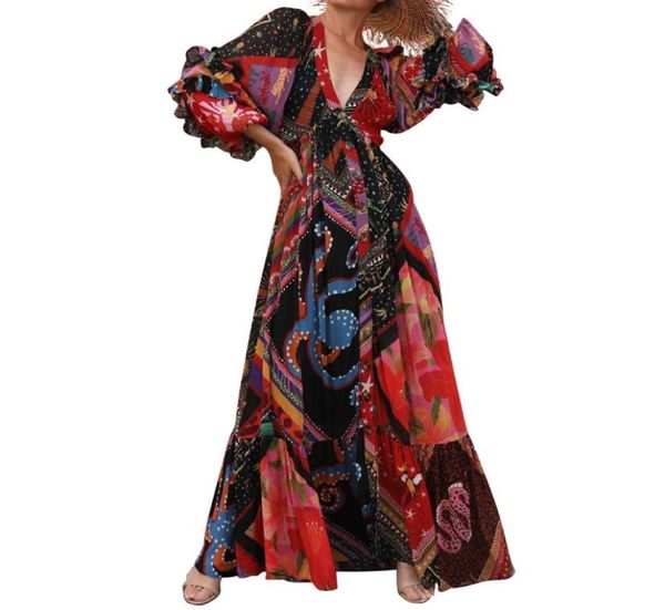 

designer long sleeve v neck women dresses bohemian style female floral printed ankle length casual beach party dress5940568, Black;gray