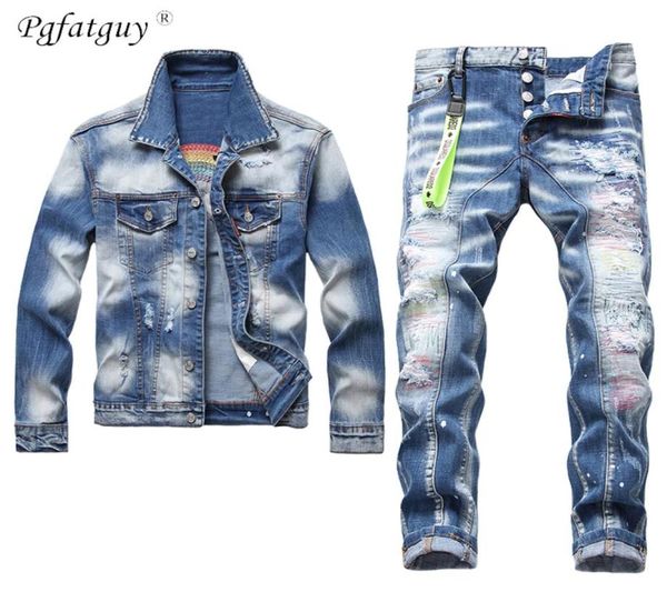 

ripped hole tracksuits grind white blue 2pcs men039s jeans sets autumn embroidered rainbow denim jacket and stretch pants6815151, Gray