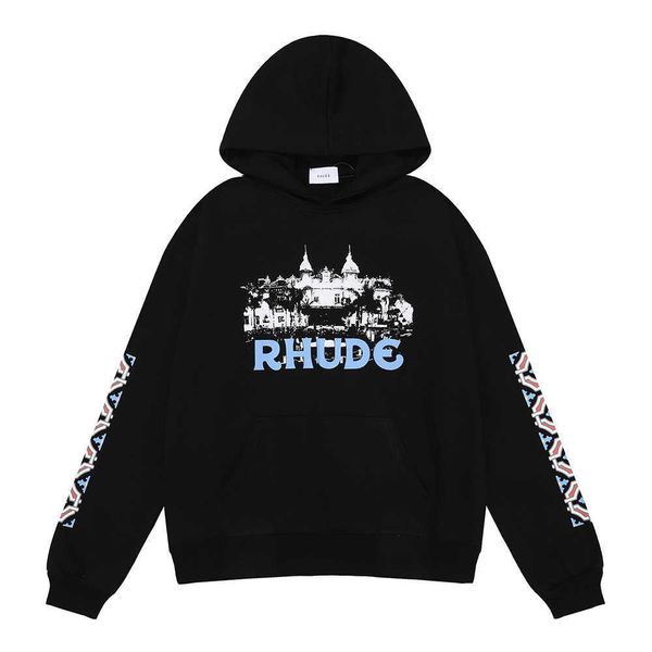 

small fashion rhude casino high definition castle print cotton terry hoodie sweater men and women, Black