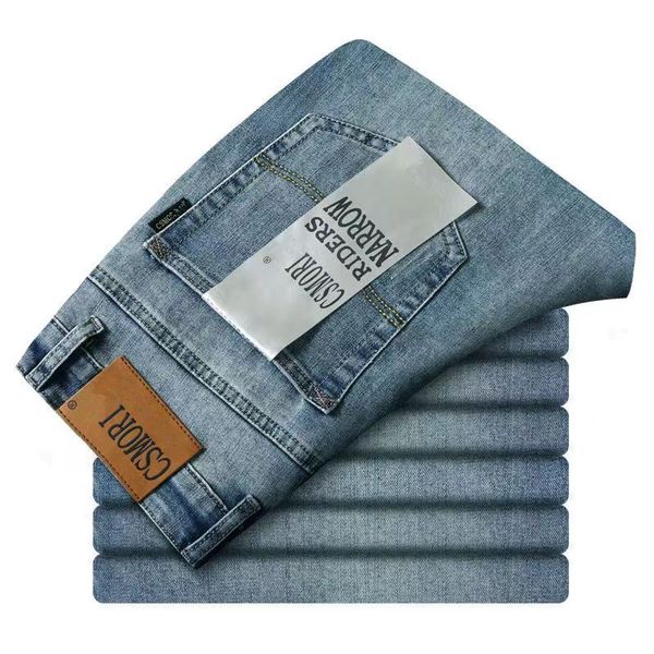 

solid color jeans men's straight leg retro stretch jeans summer slim pants, Blue