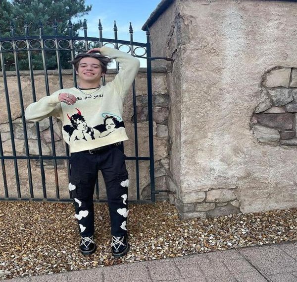 

men039s sweaters oversized mens vintage sweatshirts loose distressed pullovers casual harajuku autumn cotton knitwear4272003, White;black