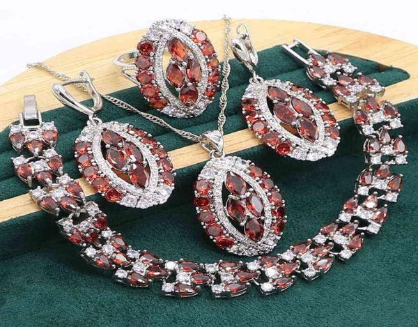 

red garnet 925 silver jewelry set for women wedding bracelet earrings necklace pendant ring birthday gift h2204221890086, Black