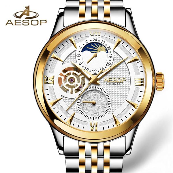 

aesop moon phase watch men automatic mechanical watch fashion gold wrist watches wristwatch male clock men relogio masculino252h, Slivery;brown