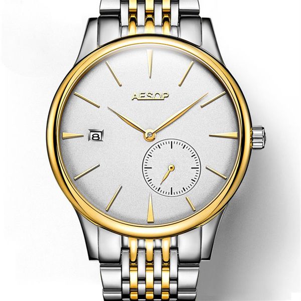 

aesop ultra thin 8 5mm classic simple watch men sliver golden minimalist male clock full steel hours relogio masculino3063, Slivery;brown