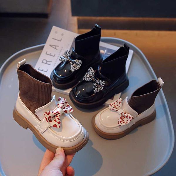

boots 2023 autumn winter new children' boots leopard bow girls fashion boots black simple casual kids leather shoes h361 l0824, Black;grey