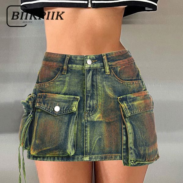 

skirts biikpiik women asymmetrical pockets denim skirts fashion high waist skirts female clubwear concise y2k allmatch outfits 230823, Black