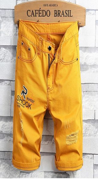 

summer men yellow denim shorts new fashion male holes short jeans men straight casual jean shorts size 38 mx2008143241047, Blue