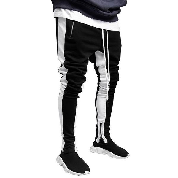 

mens joggers casual pants fitness men sportswear drawstring bottoms side striped skinny sweatpants gyms jogger zipper trousers280l, Black