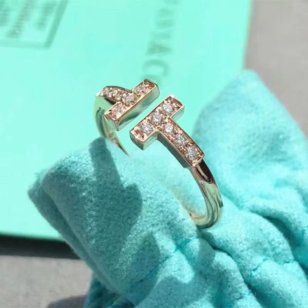 

designer ring t series copper plated 18k rose gold ring tick diamond double t white shell open ring women's fashion all match factory d, Silver