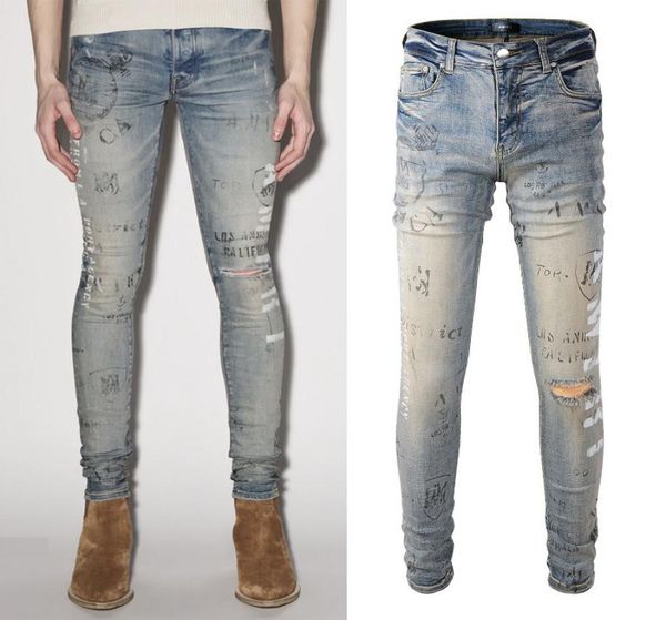 

men039s denim jeans painted effect damage wash slim fit0121538850, Blue