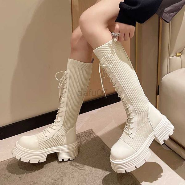 

boots rimocy autumn winter new chunky platform long boots women thick-soled stretch knitted knee high boots woman botas de mujer, Black