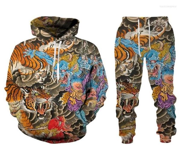 

men039s tracksuits harajuku 3d tiger printed men hoodies pants casual hooded sweatshirt sweatpants 2pc set autumm and winter sp6989473, Gray