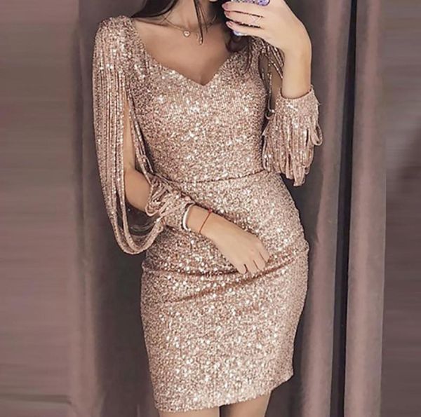 

new fashion women v ncek solid tassel sequined glitter stitching shining club sheath long sleeved mini dress for female y20061438056, Black;pink