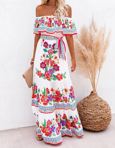 

boho long dress summer 2023 off shoulder floral print white women elegant slash neck ruffle maxi beach dress sundress5901378, Black;gray