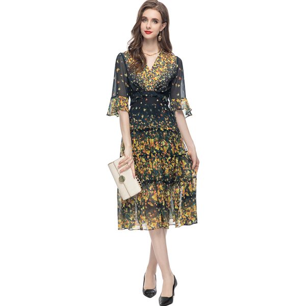

women's runway dresses v neck short sleeves printed tiered floral fashion a line high street vestidos, Black