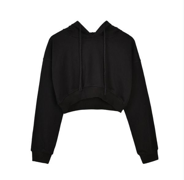 

solid gray hooded crop hoodies women's sweatshirt long sleeve lace up women hoodies autumn757e, Black