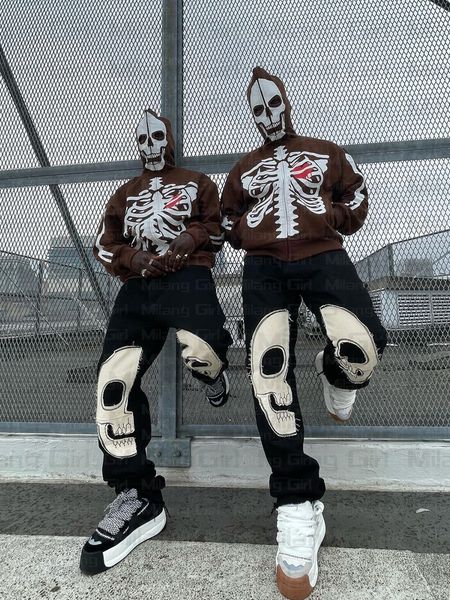 

men's hoodies sweatshirts men gothic skeleton graphic hoodies zip up harajuku punk fashion clothing sweatshirt zipper oversized streetw, Black