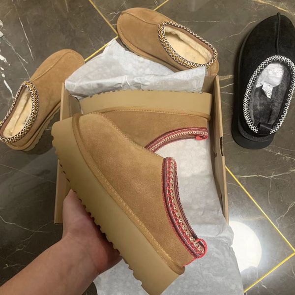

slippers tasman slippers tazz chestnut fur slides sheepskin shearling classic ultra mini platform boots winter mules women men slip-on shoes, Black