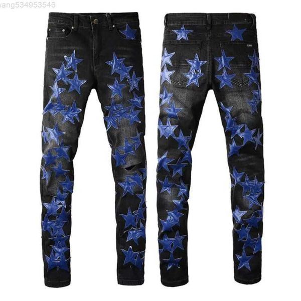 

flared jeans stacked purple designer man long pants trousers streetwear washed old jeans hole 28-40 ehkp, Blue